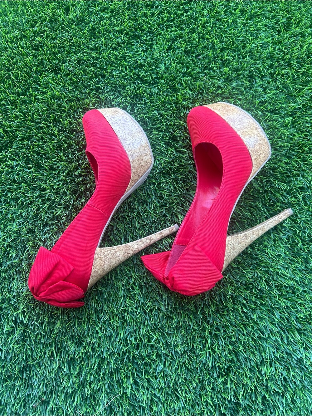 Penny Loves Kenny Red Cork Platform Stiletto Pumps with Back Bow